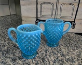 Blue Fenton Silvercrest Opalescent Hob Nail Sugar and Creamer Set
