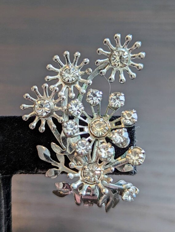 Rhinestone Flower Bouquet Clip On Earrings, Silve… - image 2