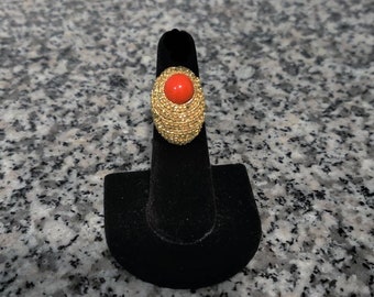 Textured Goldtone Cabochon Coral Adjustable Fashion Statement Ring