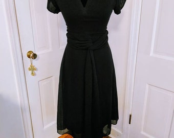 VINTAGE 1970's Chiffon Little Black Cocktail Dress with Flowing Obi Belt Design