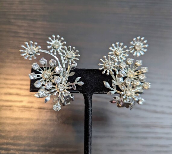 Rhinestone Flower Bouquet Clip On Earrings, Silve… - image 1