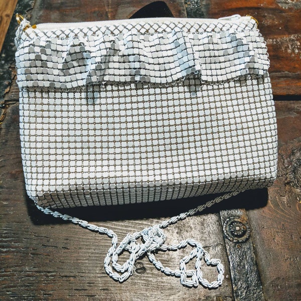 Vintage Ruffled John Weitz White Metal Mesh Shoulder Evening Bag with White Byzantine Chain