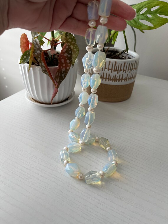 Large Faceted Opaline Glass and Freshwater Pearl N