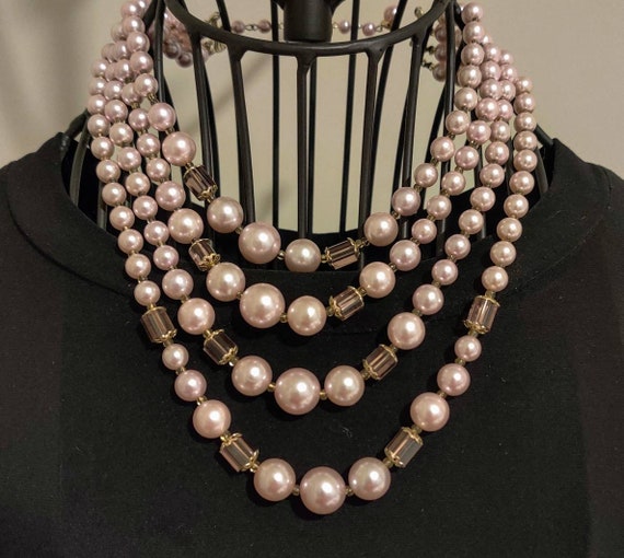 Pink Faux Pearl Amethyst Fluted Glass Bead Japan Four Strand Necklace