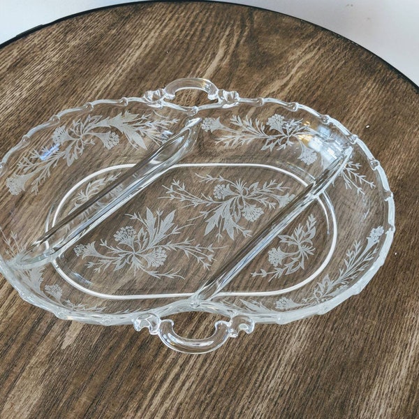 Vintage Fostoria Heather Etched Glass Relish Dish