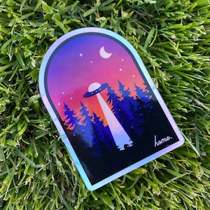 UFO Sticker, Water Bottle Sticker for Hydroflask, Holographic Sticker, Hiking Sticker, Alien Sticker, Hiking Gift, Outdoorsy Gift, Camping