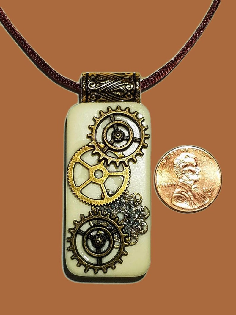 Steampunk Domino Gear Necklace Brass Gears Embellish This Authentic Recycled To Make A Truly Quirky And Unique Jewelry Piece