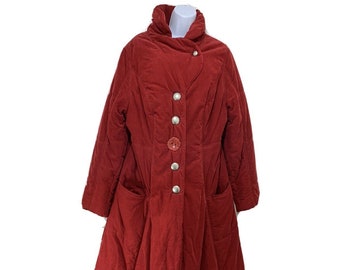 Stunning Hebbeding Long Red Needlecord Quilted Padded Maxi Coat Size 1 L Dutch Design