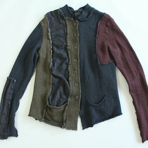Rundholz Black Label Designer Patchwork Cardigan Jacket Merino Wool Pockets Size L Color Petrol Wine Red Khaki Art to Wear