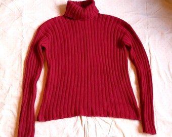 ITALIAN ECO CASHMERE Handknitted Thick Sweater Pullover Turtle Neck Long Sleeve color Anthurium Red Relaxed Fit Size S M L