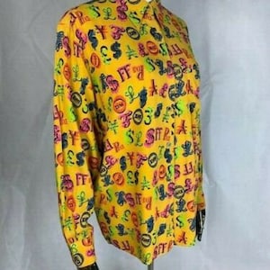 Rarity GAULTIER JUNIOR Long sleeve Women Shirt Blouse Blazer, Currency Money Signs Print, Yellow, Multicolor, Vintage 80s, foryouruniqueness