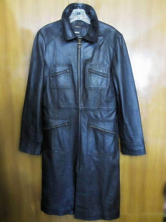 MNG Soft Lamb Leather Black Long Jacket Trench Coa