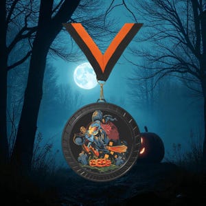 Puede incluir: Una medalla negra de Halloween con una cinta naranja y negra. La medalla presenta una bruja en una escoba, calabazas y lápidas. El fondo muestra una luna llena y una linterna de calabaza.