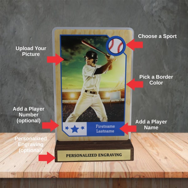 Sport Trading Card Custom Standing Acrylic with a Wooden Base | Baseball, Basketball, Football Cards