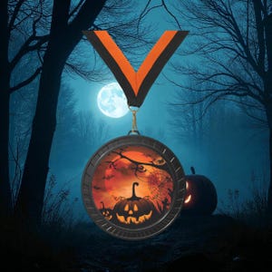 Puede incluir: Una medalla de Halloween con un marco negro y una cinta naranja y negra. La medalla presenta una calabaza, murciélagos y una telaraña contra un cielo rojo. El fondo muestra una luna llena y siluetas de árboles.