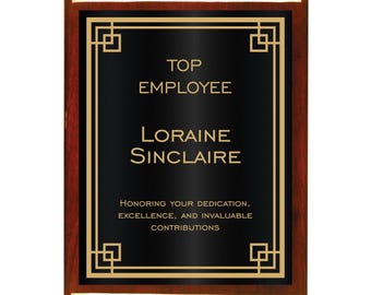 Engraved Border Plaque with Black/Gold Plate on Rosewood Piano Finish Board | Plaque for Top Employee | Excellence Award for Employees