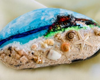 Seascape~beach~ocean~seashells hand-painted rock~ STONE art