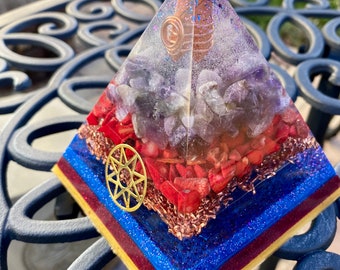 Orgonite Stress Relief~ Calming Chakra Pyramid LARGE (4.5” tall)~ amethyst ~ red coral~ copper spiral