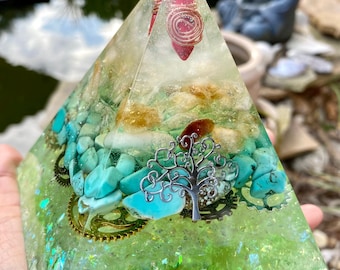 Large Orgonite Chakra Pyramid: Red Coral, Moonstone, Turquoise, Tree of Life
