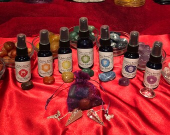 Chakra Crystal Healing Kit ~ 7 Chakra tumbles ~ 7 Chakra Smudge Sprays ~ 1 Crystal Quartz Pendulum ~ Geodes ~ Meditation