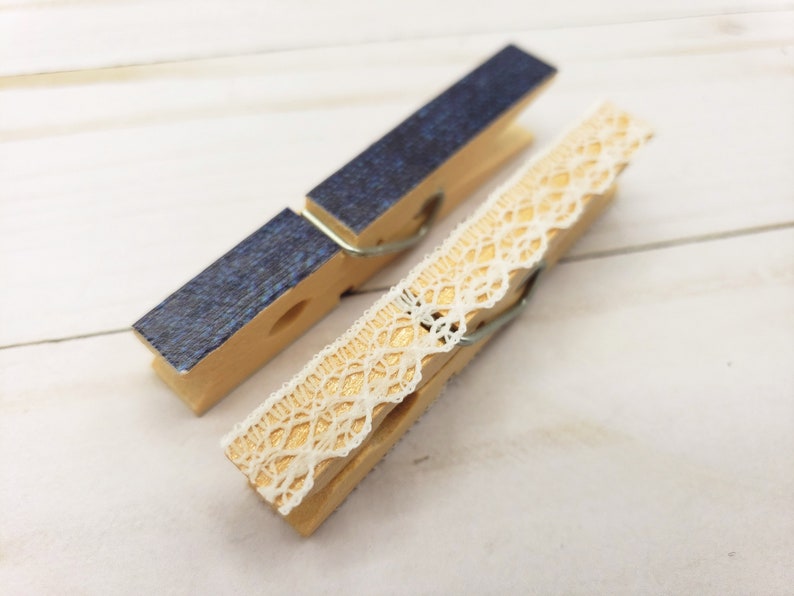 Denim Blue and White Lace Country Clothespins Wedding Baby Shower Photo Display Bag Clips Decorative Clothes Pins Set of Clothespins