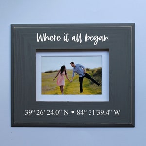 May include: A gray wooden picture frame with a white mat and a photo of a couple holding hands. The frame has the text "Where it all began" and the coordinates "39° 26' 24.0" N ♥ 84° 31'39.4" W".
