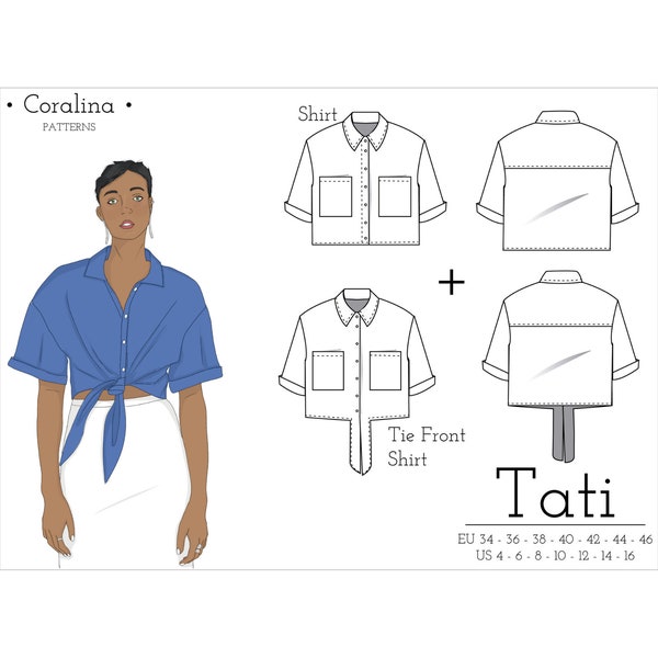 Tie-Front Crop Shirt PDF Sewing Pattern | Sizes 4-16 (EU 34-46) | Instant Download