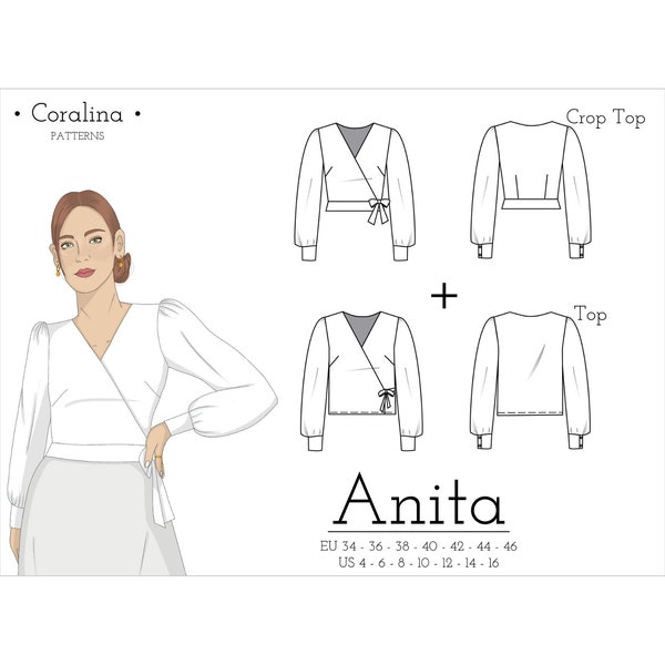 Haut cache-coeur à manches longues PDF Patron de couture | Tailles 4-16 (UE 34-46) | Deux options de longueur | Téléchargement instantané