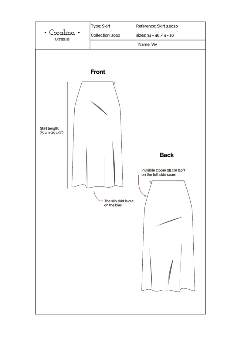 Midi Slip Skirt PDF Sewing Pattern Sizes 416 EU 3446 Etsy
