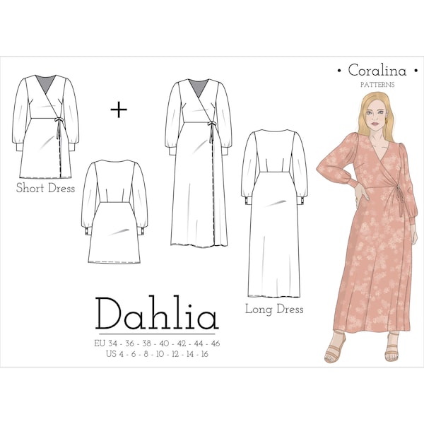 Long Sleeve Wrap Dress PDF Sewing Pattern | Formal Wrap Gown | Sizes 4-16 (EU 34-46) | Two length options | Instant Download