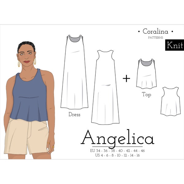 Patron de couture PDF pour haut avec épaules torsadées | Robe sans manches en tricot | Tailles 4-16 (UE 34-46) | Deux options de longueur | Téléchargement instantané