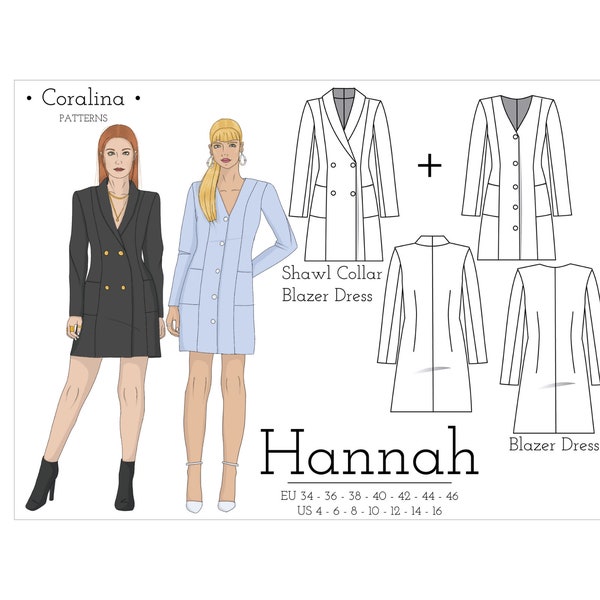 Blazer Dress PDF Sewing Pattern | Shawl Collar Blazer Dress Pattern | Sizes 4-16 (EU 34-46) | Two Length Options | Instant Download