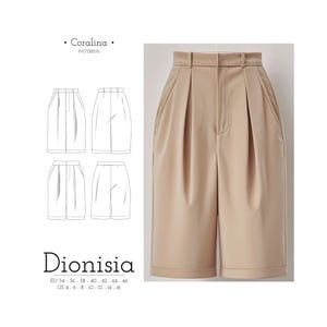 Pantaloncini plissettati con tasche anteriori - Cartamodello PDF / Taglie 4-16 (EU 34-46) / Due opzioni di stile / Download immediato