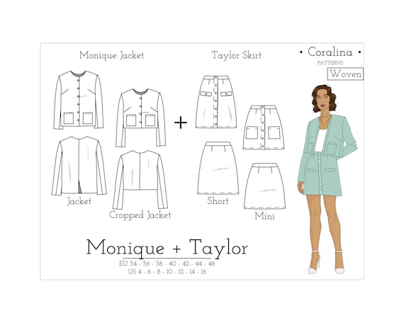 Boxy Tweed Jacket + A-line Button Front Skirt PDF Sewing Patterns
