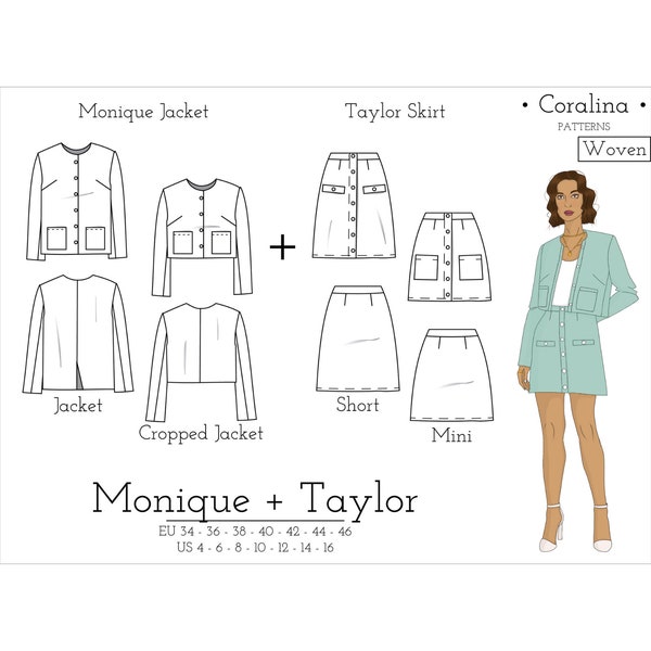 Veste carrée en tweed + jupe trapèze boutonnée sur le devant Patrons de couture PDF | Tailles 4-16 (UE 34-46) | Lot de motifs | Téléchargement instantané