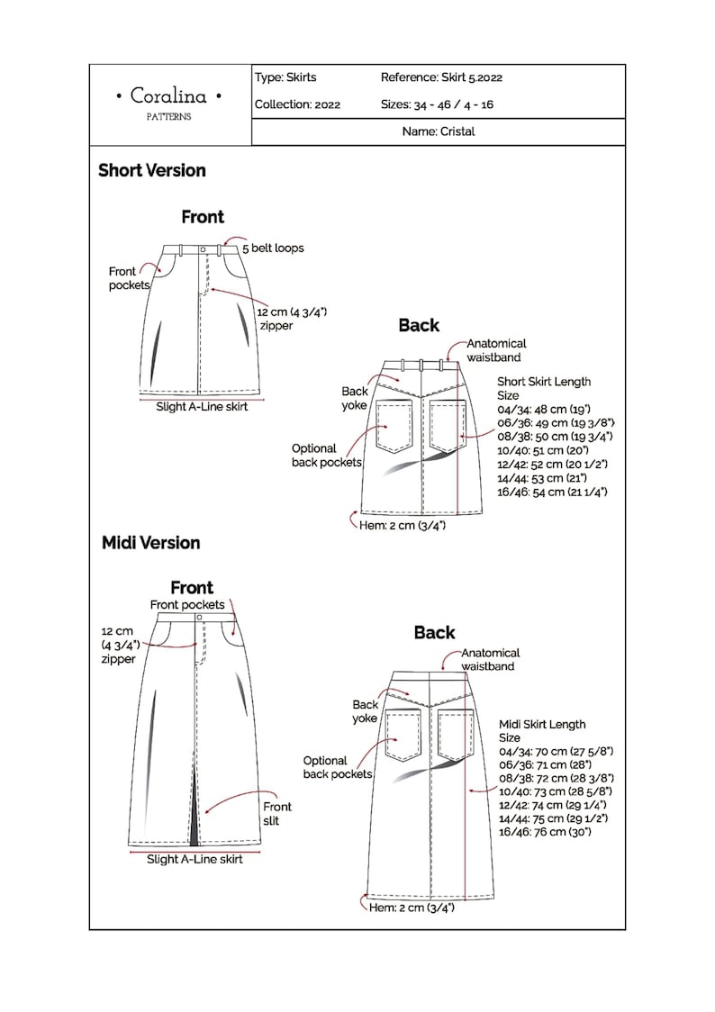 Denim Skirt PDF Sewing Pattern Sizes 416 EU 3446 Two Etsy