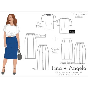 Może przedstawiać: Ilustracja wzoru szycia na spódnicę do kolan i koszulkę. Spódnica nazywa się "Angela", a koszulka "Tina". Wzór dostępny jest w rozmiarach EU 34-46 i US 4-16.