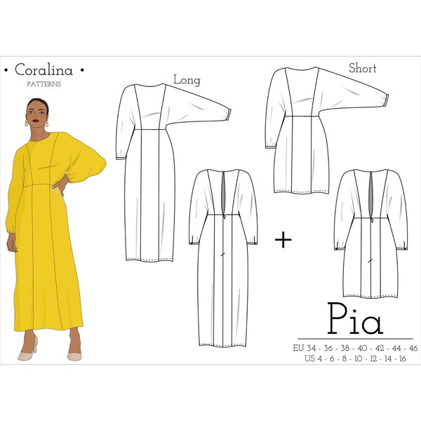 Vestido manga kimono PDF Patrón de costura / Tallas 4-16 (EU 34-46) / Dos opciones de longitud / Descarga instantánea