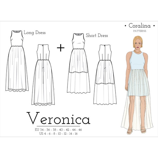 Sleeveless Tulle Dress PDF Sewing Pattern | Formal Dress Pattern | Two Style Options | Sizes 4-16 (EU 34-46) | Instant Download