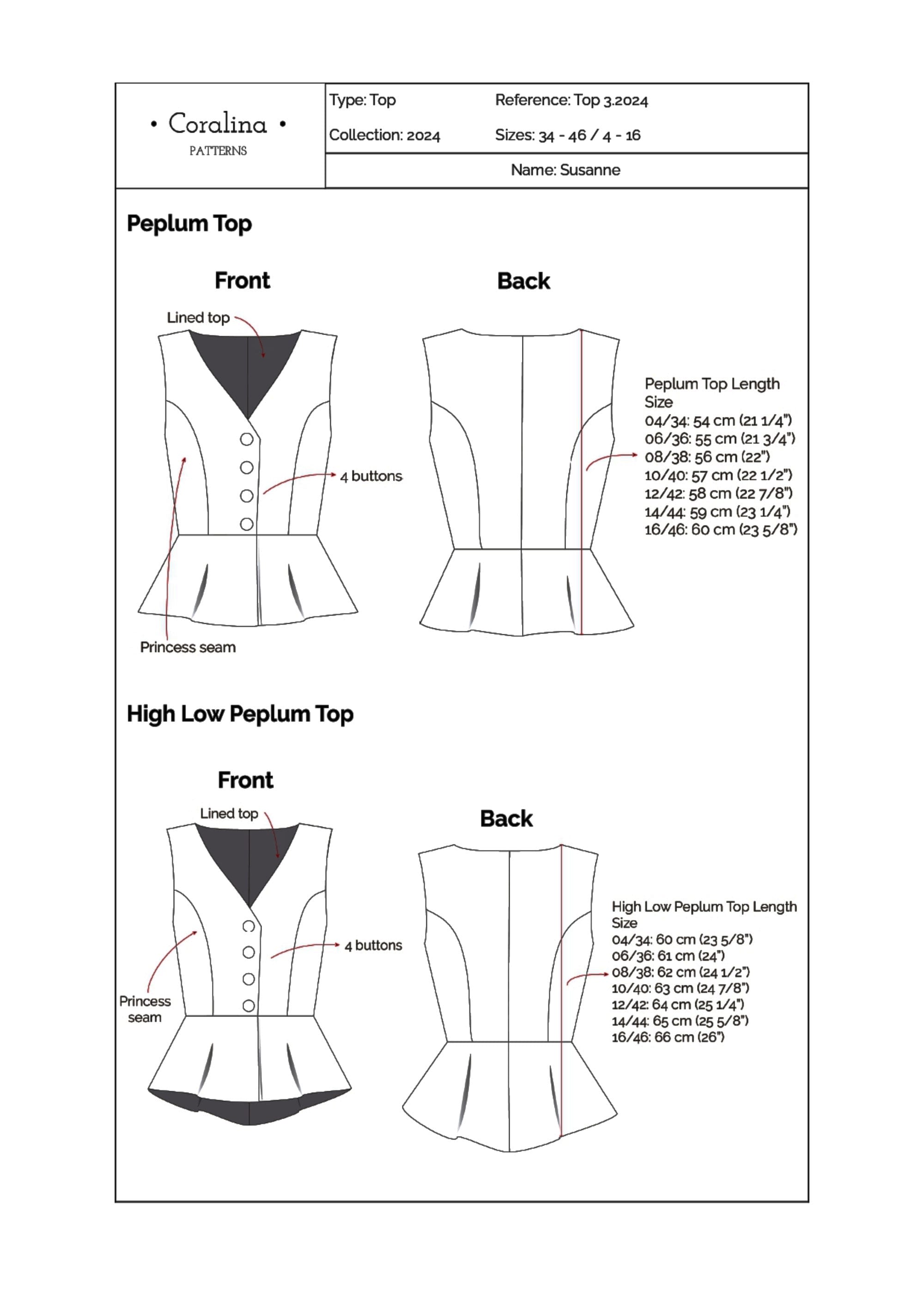 Sleeveless Peplum Top PDF Sewing Pattern | Button-front Blouse | Sizes ...