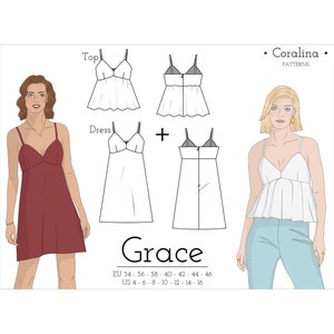 Pode incluir: Um padrão de costura para um vestido e uma blusa chamado "Grace" de Coralina Patterns. O padrão inclui os tamanhos EU 34-46 e US 4-16. A imagem mostra uma mulher vestindo um vestido vermelho e uma mulher vestindo uma blusa branca.