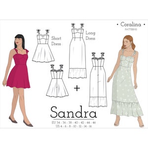 May include: A digital sewing pattern for a dress with two different lengths, a short dress and a long dress. The pattern is called "Sandra" and is from the "Coralina" patterns line. The pattern includes sizes EU 34-46 and US 4-16.
