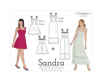 Könnte beinhalten: Ein digitales Schnittmuster für ein Kleid mit zwei verschiedenen Längen, ein kurzes Kleid und ein langes Kleid. Das Schnittmuster heißt "Sandra" und stammt aus der "Coralina" Schnittmusterlinie. Das Schnittmuster umfasst die Größen EU 34-46 und US 4-16.