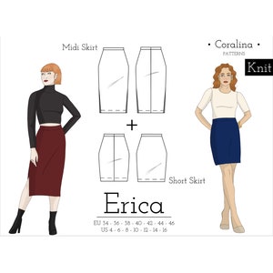 Knit Pencil Skirt PDF Sewing Pattern | Sizes 4-16 (EU 34-46) | Two Length Options | Instant Download