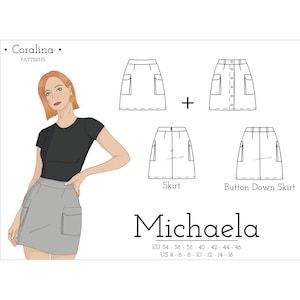 Könnte beinhalten: Eine digitale Illustration von zwei Rock-Schnitten, einer mit Knopfleiste und einer ohne. Der Text "Coralina Patterns" und "Michaela" ist im Bild enthalten. Die Größenspanne beträgt EU 34-46 und US 4-16.