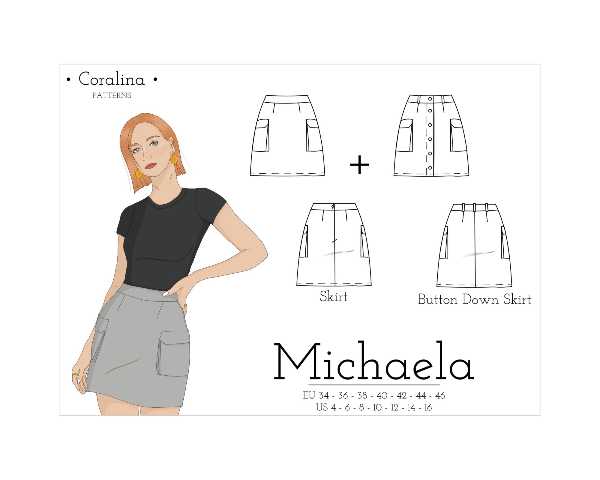 Skirt pattern, women sewing pattern sizes US 4to16