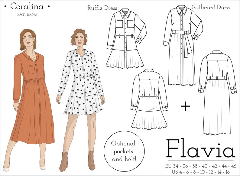 Button-down Shirt Dress PDF Sewing Pattern Sizes 4-16 EU - Etsy