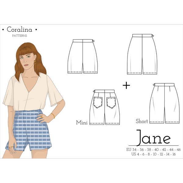 Patron de couture PDF pour shorts taille haute | Tailles 4-16 (UE 34-46) | Options de deux longueurs | Téléchargement instantané