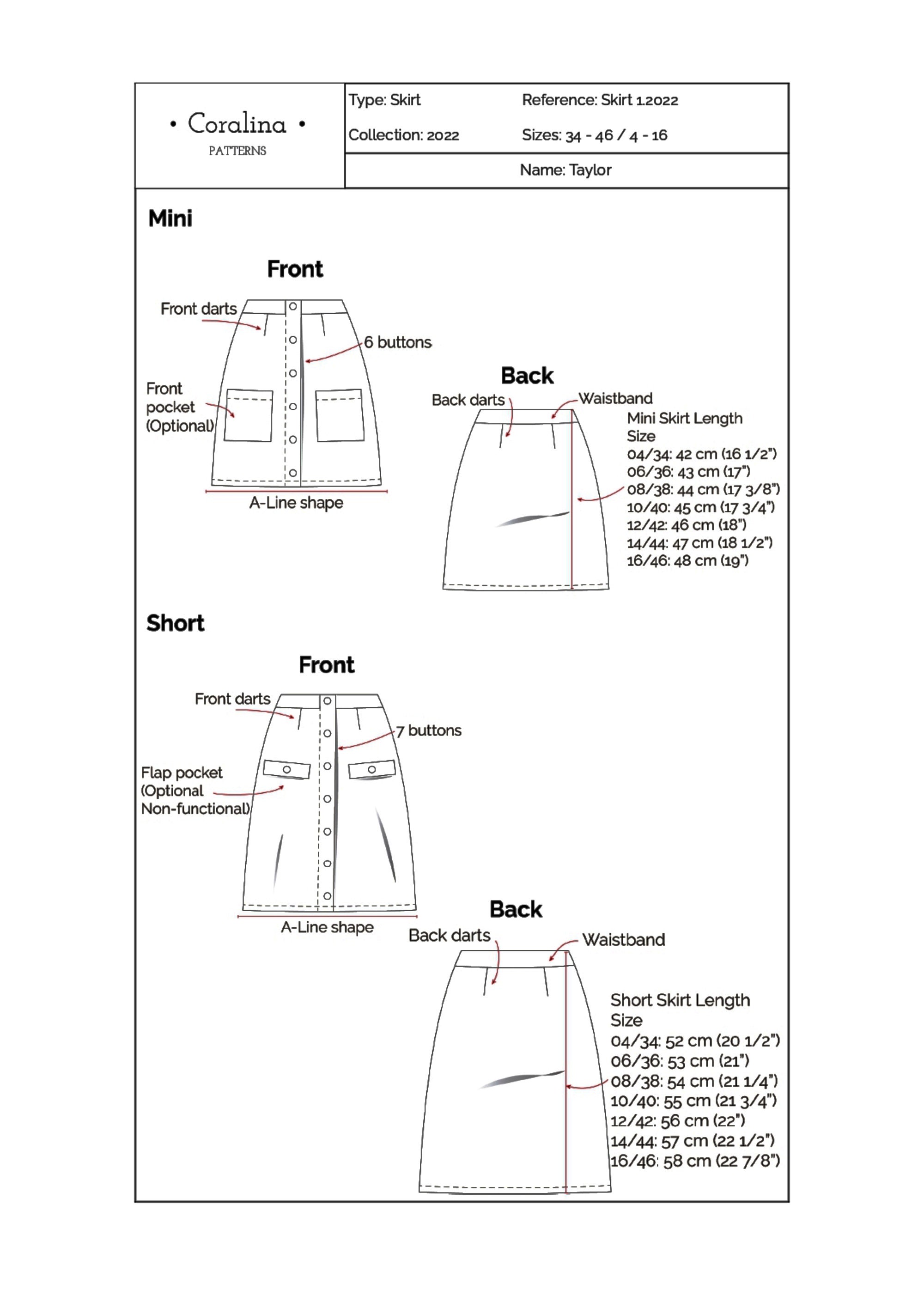 Patrón de costura PDF de falda delantera con botones / Tallas 4-16 EU 34-46  / Dos opciones de longitud / Descarga instantánea -  México