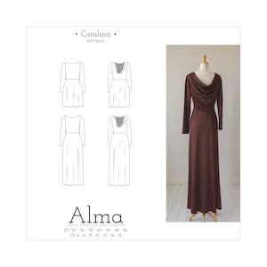 Long Sleeve Cowl Back Dress PDF Sewing Pattern | Formal Gown Pattern | Two Length Options | Sizes 4-16 (EU 34-46) | Instant Download